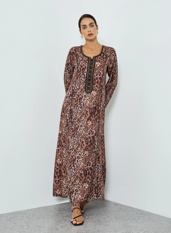 مكسيم كريشن جلابية مطرزة بطبعة جلد الفهد وحافة واسعة للنساء